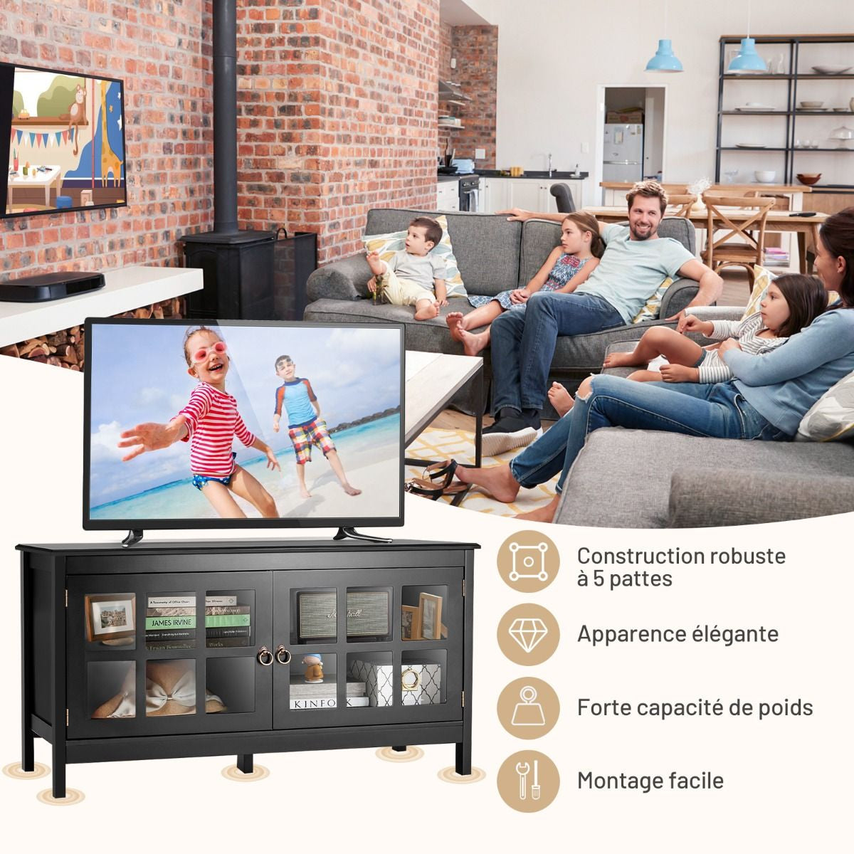 Meuble TV en Bois avec 2 Portes et 4 Compartiments 114 x 48,5 x 61 cm Style Moderne pour Salon et Chambre Noir