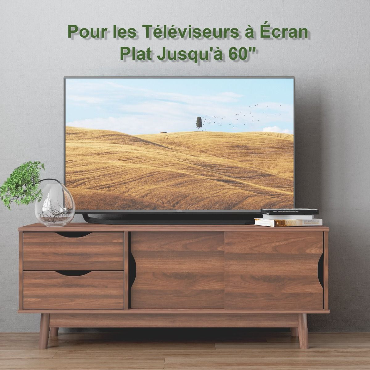 Meuble TV Moderne avec 2 Tiroirs 2 Portes Coulissantes et Trou de Gestion des Câbles Vitrine Café