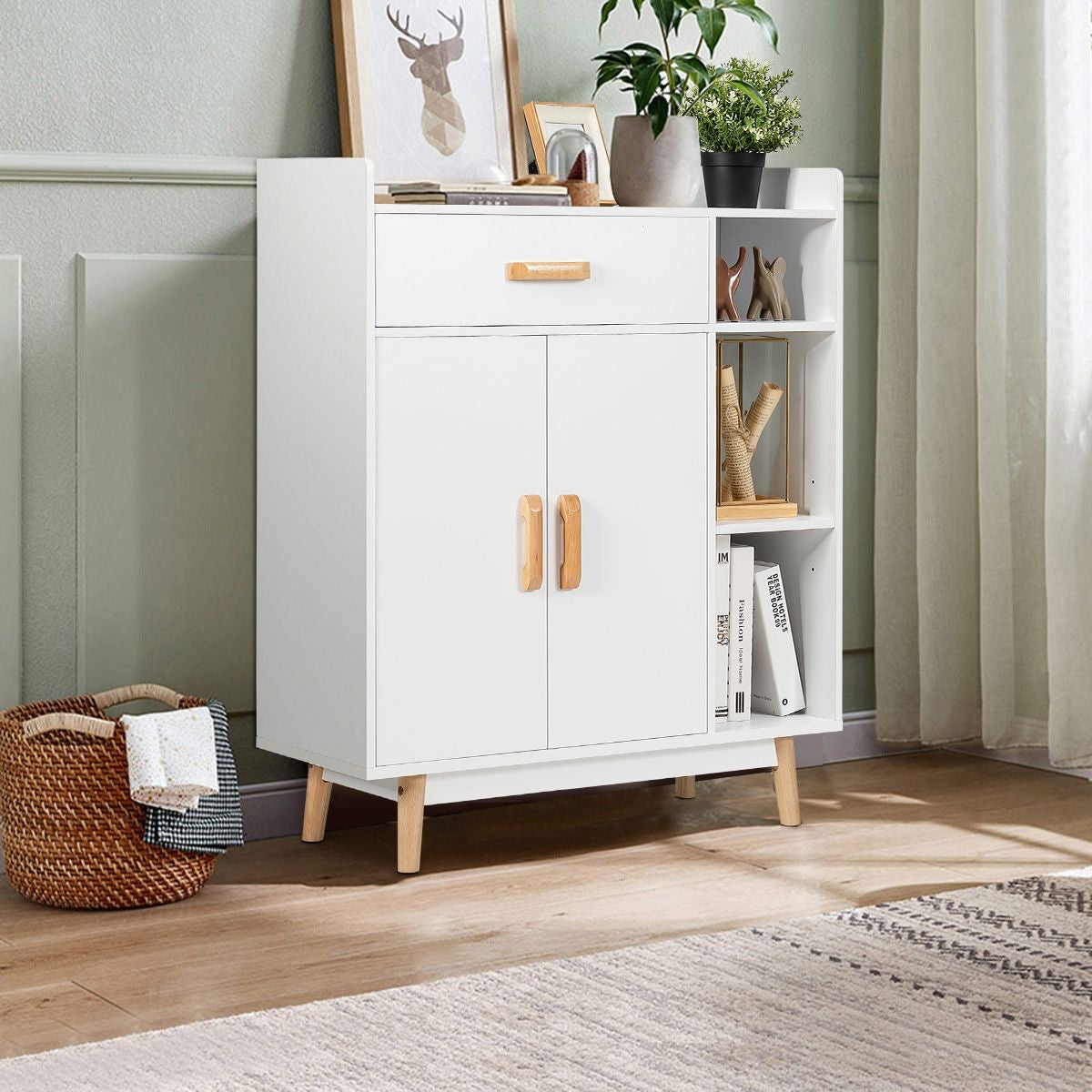 Meuble de Rangement Scandinave 1 Tiroir 2 Portes 3 Etagères 80 x 30 x 95 CM Blanc