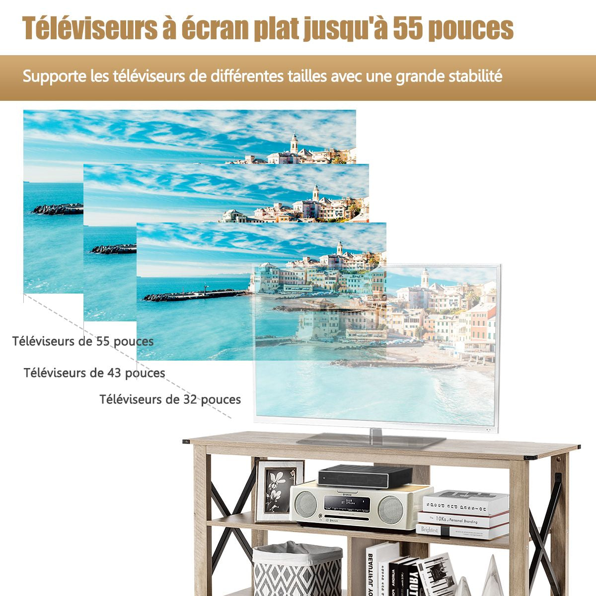 Meuble TV avec 3 Niveaux et Etagères Ouvertes 120 CM de Style Industriel pour Salon Chambre