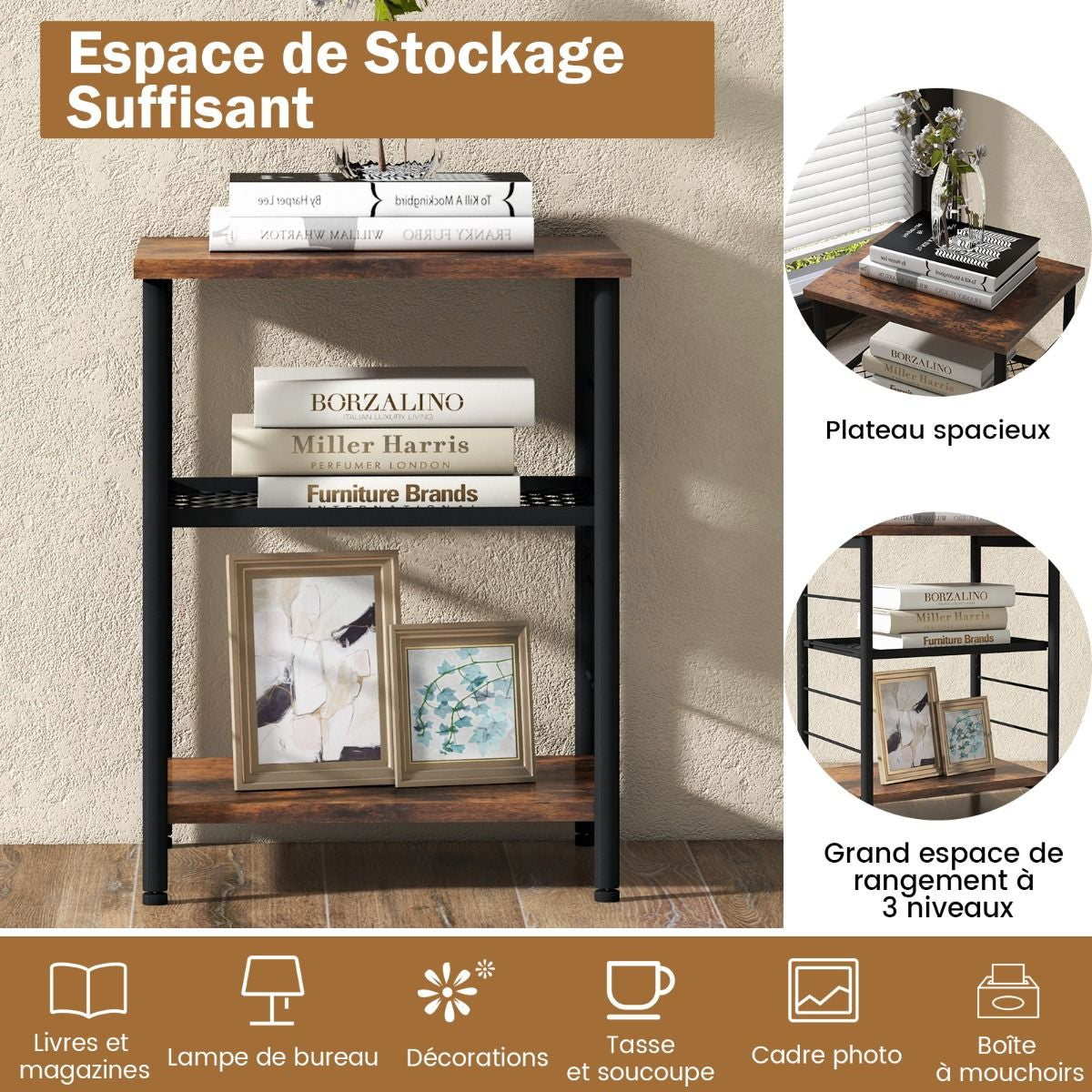 Table d’Appoint Style Industrielle 2 Etagères 38,5 x 30 x 50 cm (L x l x H) Cadre en Métal