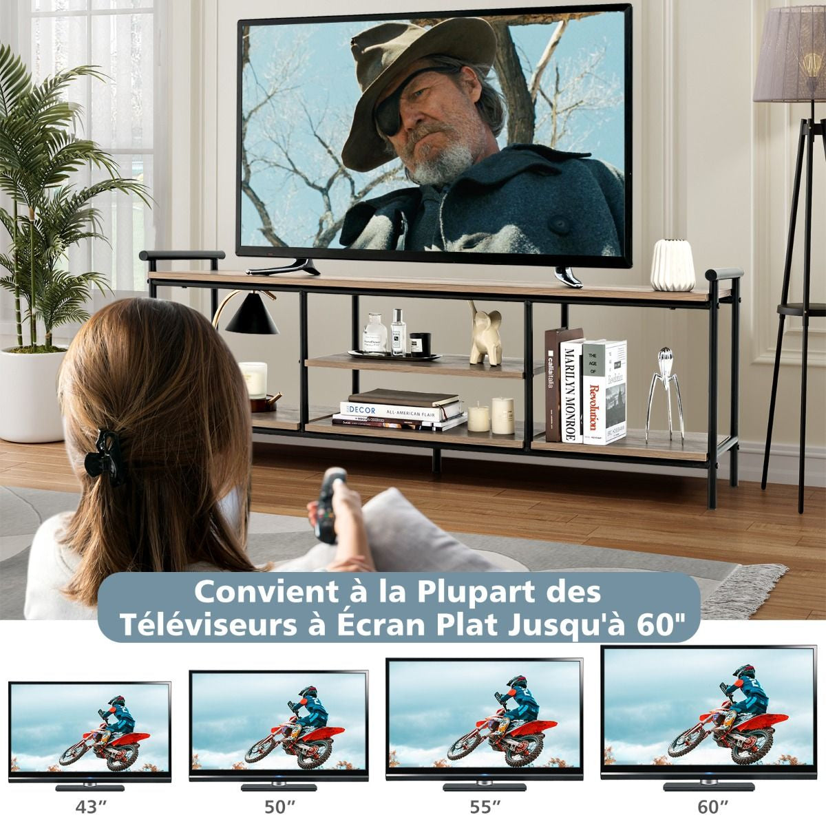 Meuble TV pour Téléviseurs jusqu'à 152,4 cm avec Étagères de Rangement pour Salon Chambre Salle de Réception