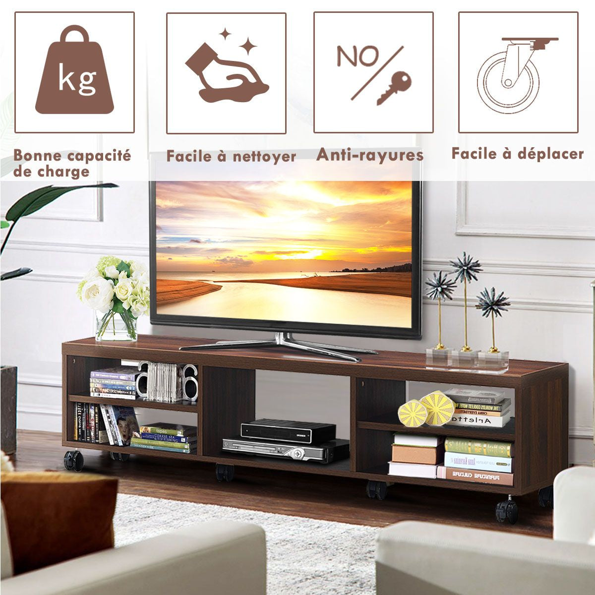 Meuble TV avec Roues Verrouillables 5 Etagères de Rangement Ouverts de Style Moderne pour TV Jusqu'à 55'' en MDF Marron