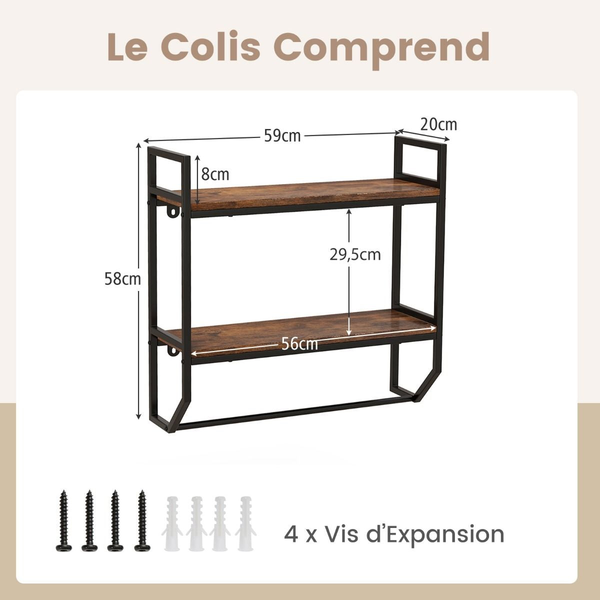 Étagère Murale de Rangement Industriel 2 Niveaux Étagère Flottante avec Barre de Suspension pour Salon Cuisine Salle de Bain