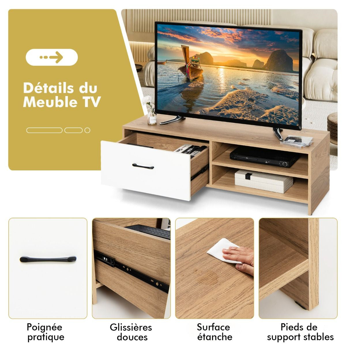 Meuble TV avec Tiroir et 2 Compartiments pour TV 55" au Max Banc TV en Bois 120 x 42 x 35cm