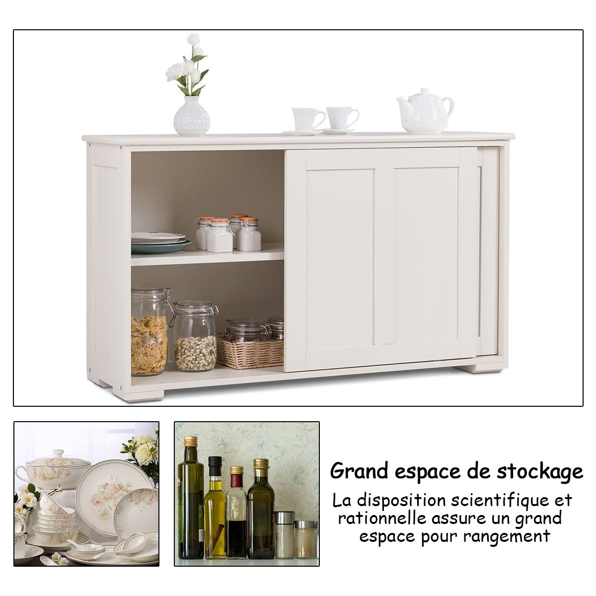 Buffet Armoire de Cuisine en MDF avec 2 Etagères de Rangement et 2 Portes Coulissantes Marron/Blanc