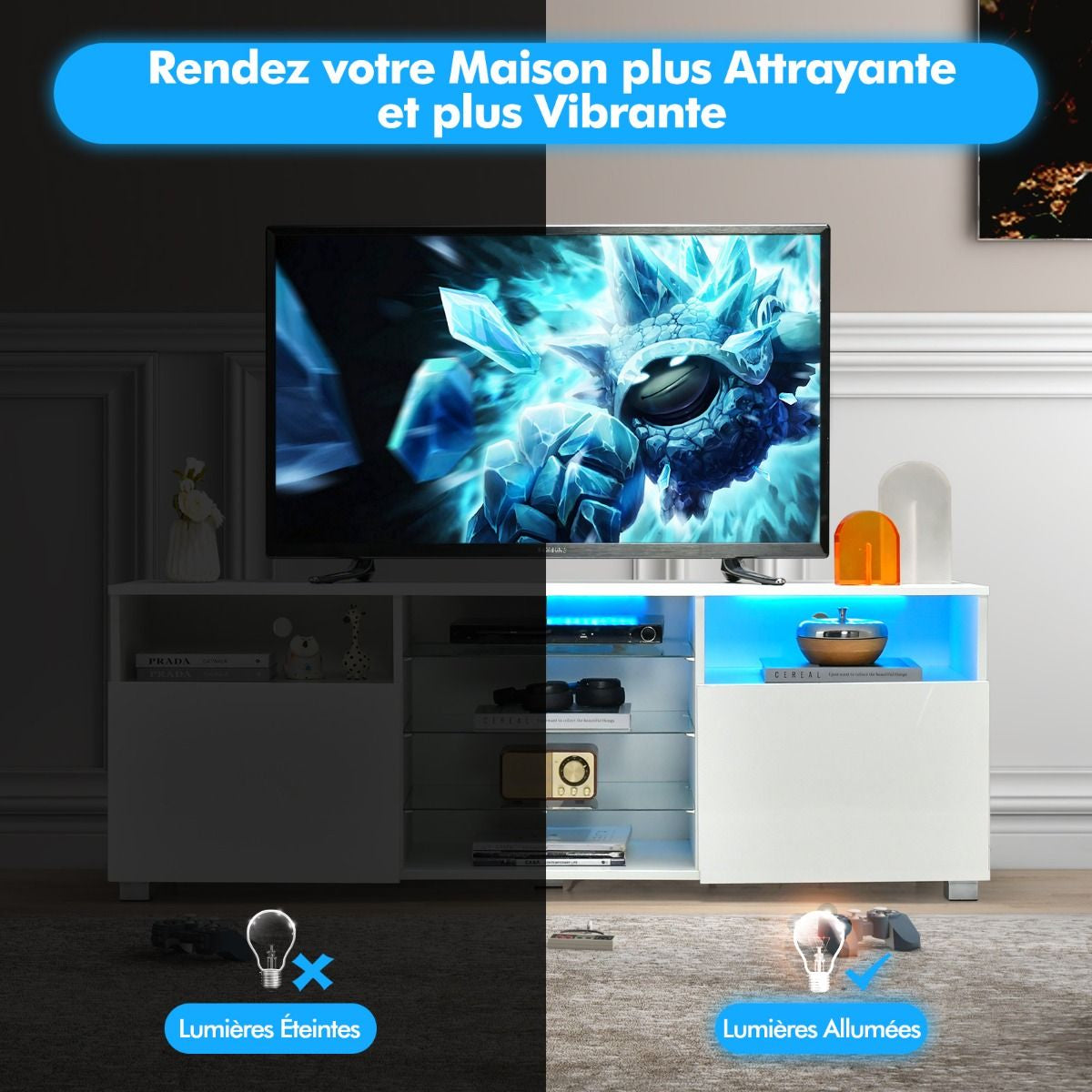 Meuble TV avec Éclairage LED 20 Couleurs Banc TV avec 2 Placards 2 Compartiments et Étagères Vitrées Meuble pour TV 60"