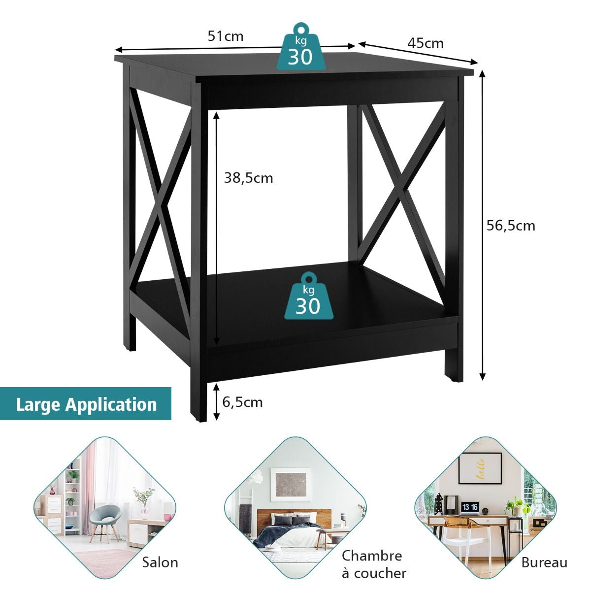 Table d'Appoint à 2 Niveaux de Style Moderne 51 x 45 x 56,5cm (L x l x H) Cadre Stable en Forme de X Noir