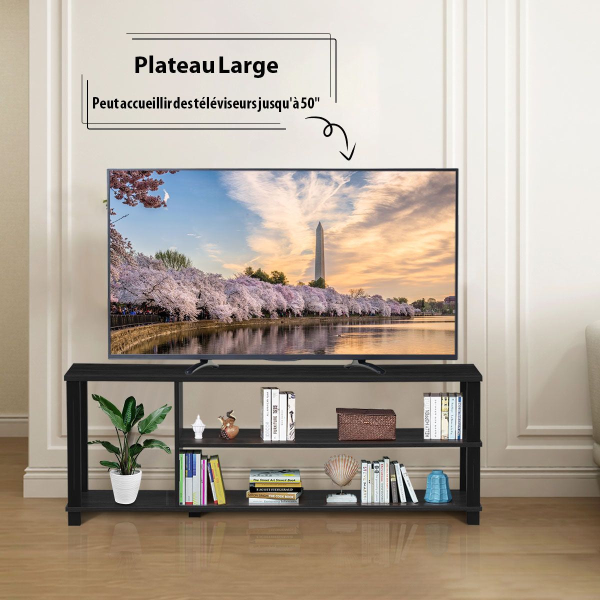 Meuble TV / Banc TV avec 3 Étagères Ouvertes 110 x 29,5 x 40,5 CM Support TV pour Télévision Jusqu’à 45 Pouces Noir