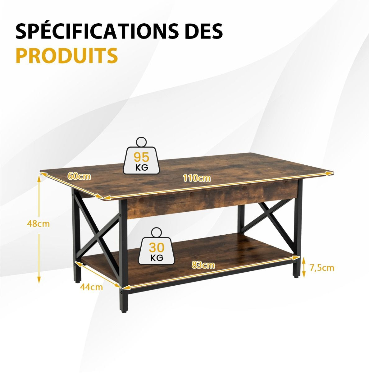 Table Basse 2 Niveaux avec Étagère Bois Cadre Métallique en Forme X Pieds Réglables Style Industrielle 110 x 60 x 48 cm Café