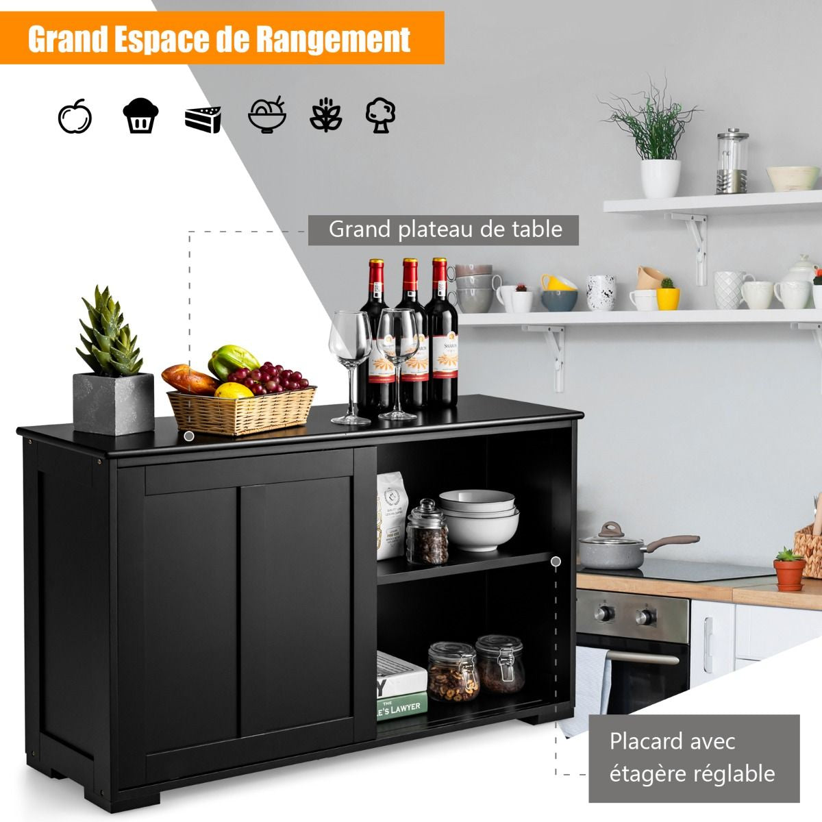 Buffet Armoire de Cuisine en MDF avec 2 Etagères de Rangement et 2 Portes Coulissantes Noir