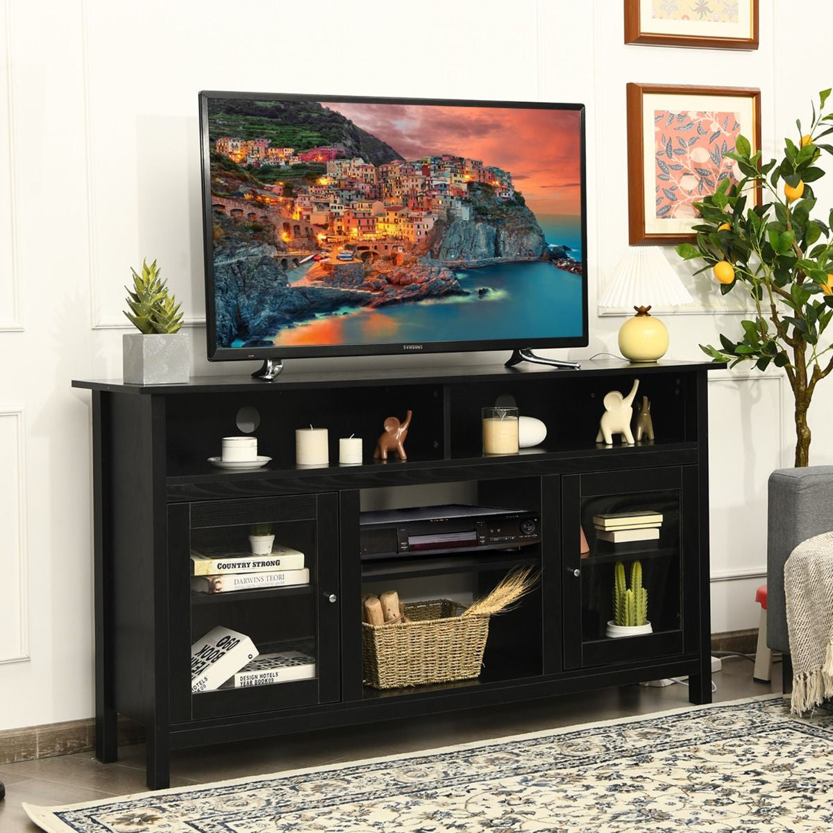 Meuble TV avec 2 Armoires Laterales et Étageres 18" Foyer Électrique pour Salon Chambre 147 x 40 x 81,5 cm Noir