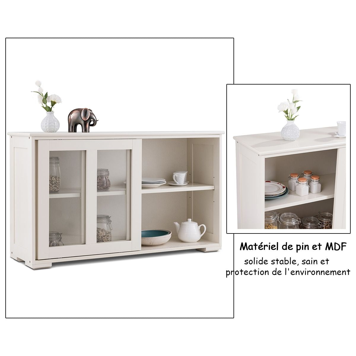 Buffet de Cuisine Commode Rangement Cuisine 2 Etagères avec 2 Porte Coulissantes Beige