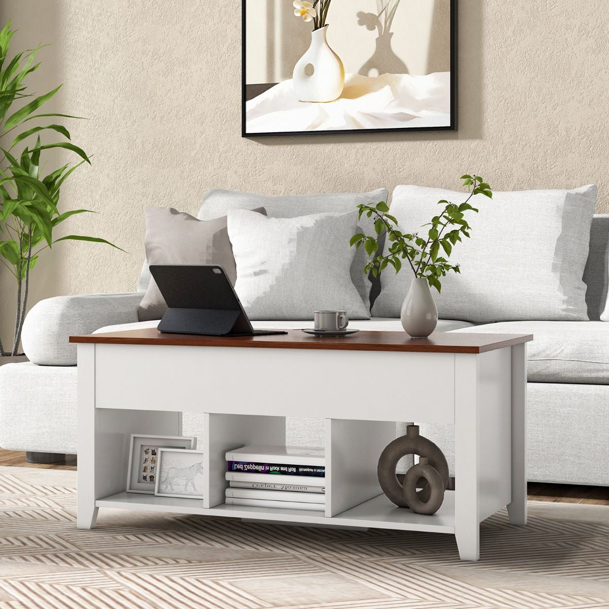 Table Basse avec Plateau Relevable 3 Compartiments Ouverts pour Rangement Polyvalents pour Salon Bureau  Blanc