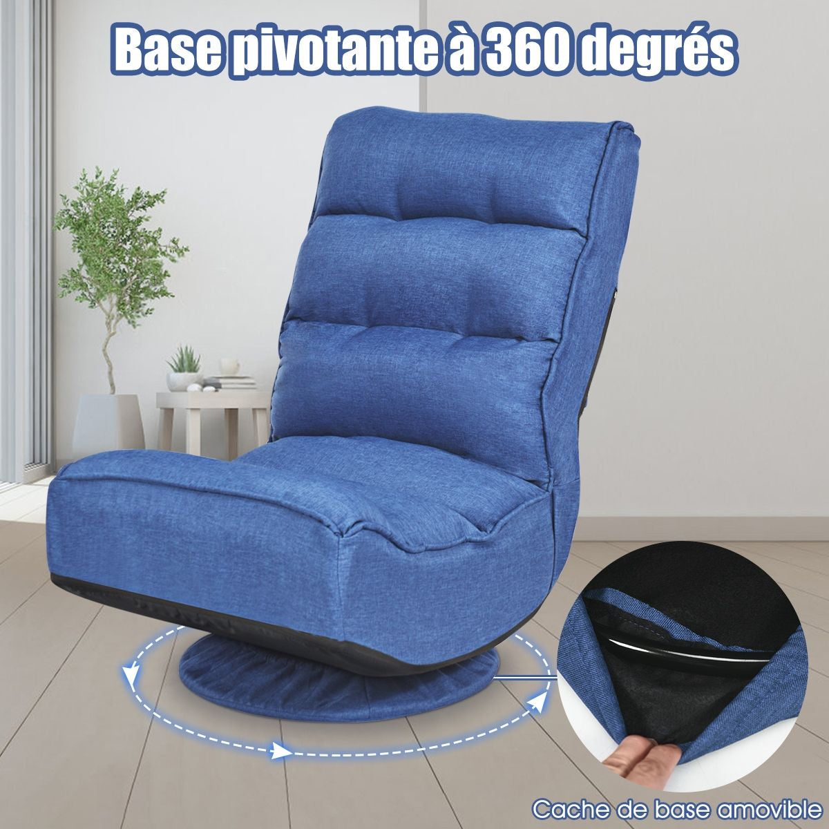 Chaise Relax Pliable et Réglable en 5 Positions Pivotant 360 Degrés Rembourrée Confortable Bleu violacé