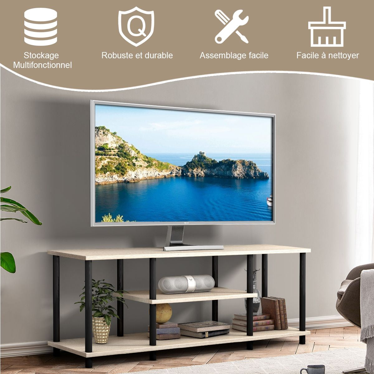 Meuble TV à 3 Niveaux Support TV pour Télévision jusqu'à 50 Pouces Table Console Multimédia Surface Lisse et Imperméable pour Salon Chambre Gris