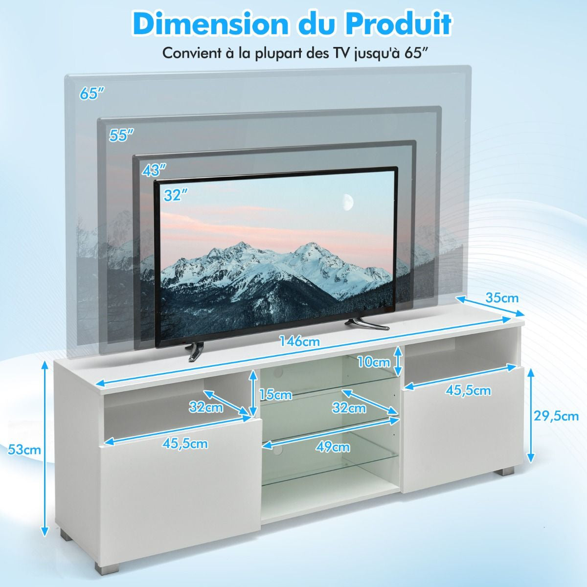 Meuble TV avec Éclairage LED 20 Couleurs Banc TV avec 2 Placards 2 Compartiments et Étagères Vitrées Meuble pour TV 60"