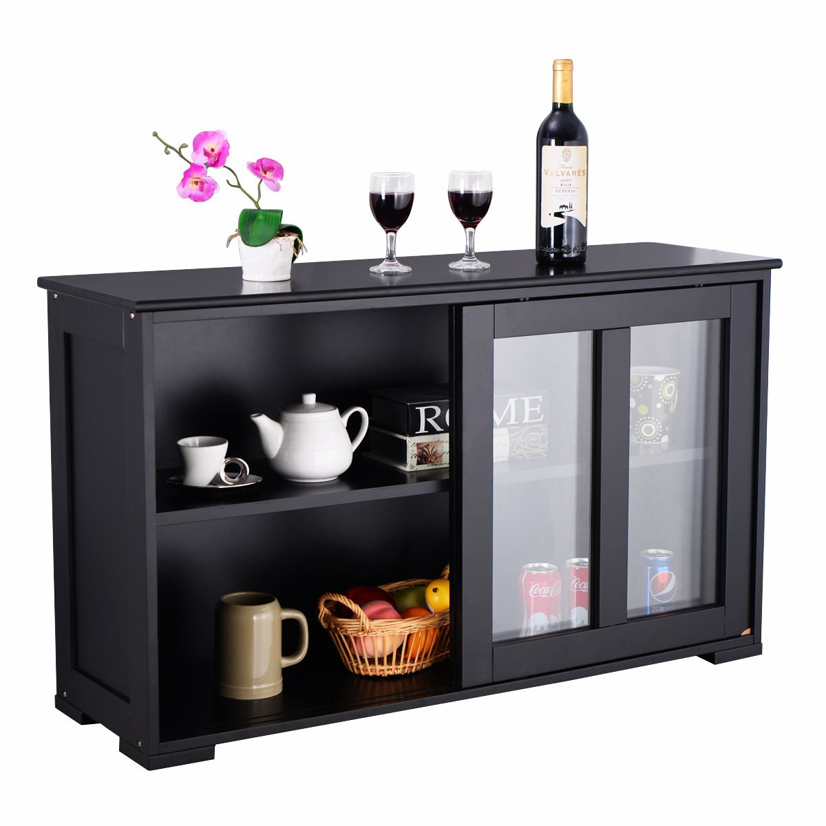 Buffet Meuble de Cuisine Cabinet de Stockage Placard Verre Porte Coulissante Noir en MDF de Haute Qulaité