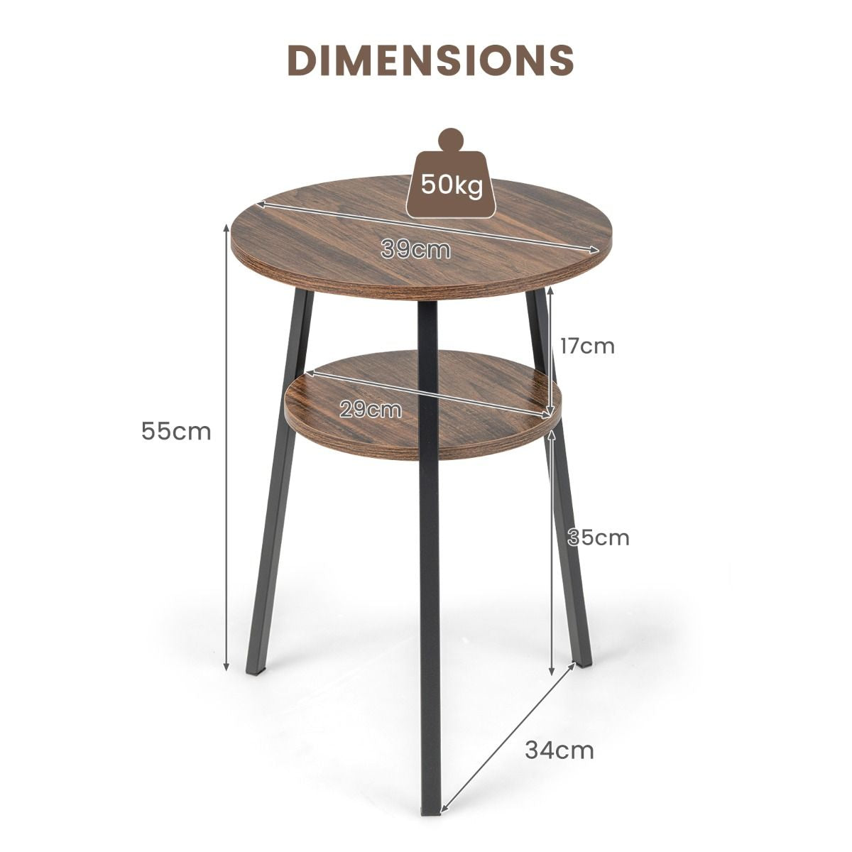 Table d'Appoint Ronde à 2 Niveaux Style Industrielle Dia.39 CM Cadre en Métal Café