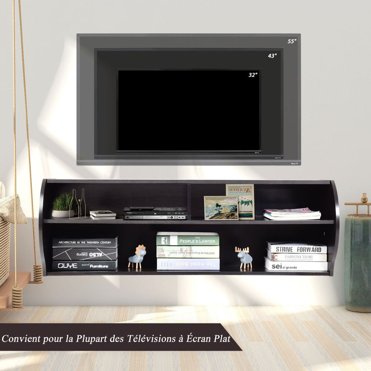 Meuble TV Mural Flottant avec 3 Compartiments Ouverts Banc TV Suspendu avec Trou de Câble 123 x 41 x 41 CM Café