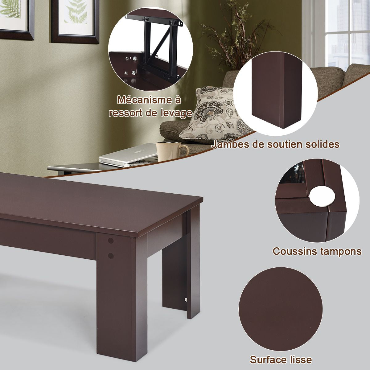 Table Basse avec Compartiment de Rangement Caché et Plateau de Table Surélevé pour Séjour Salle de Réception Marron