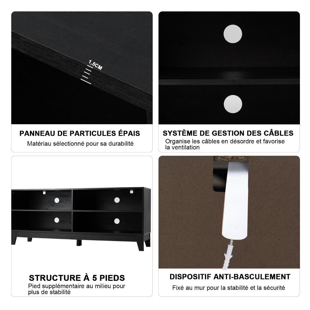 Meuble TV/Banc TV 147 X 40 X 61 CM Support télévision avec 4 Étagères de Rangement Ouvertes Tapis Antidérapant Café