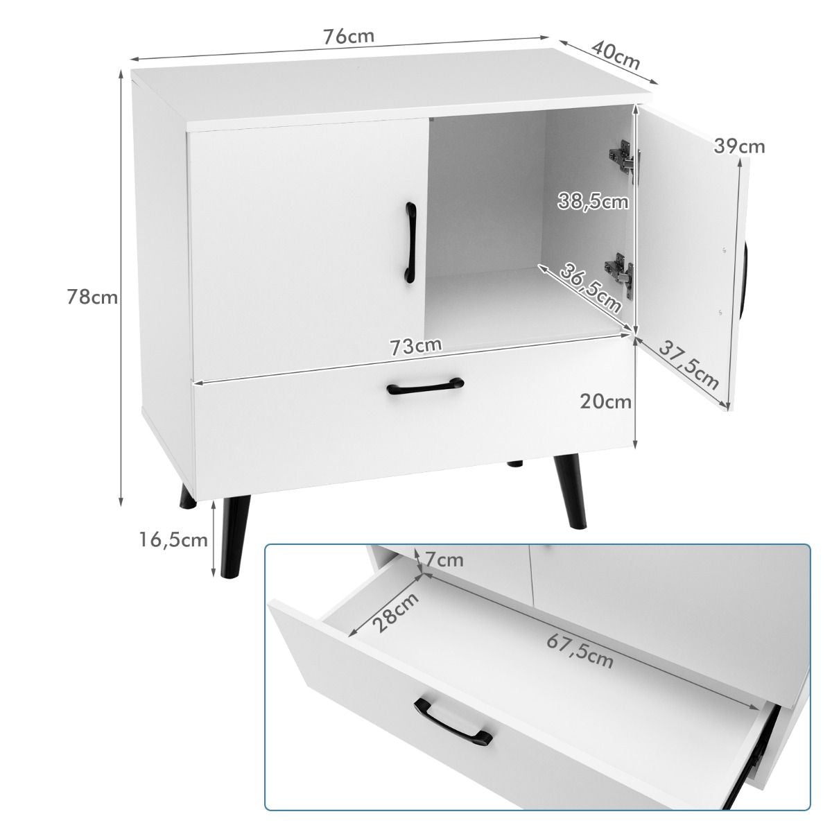 Buffet Bas Meuble de Rangement Industriel 2 Portes 1 Tiroir pour Salon Salle à Manger Entrée 76x40x78 cm Blanc