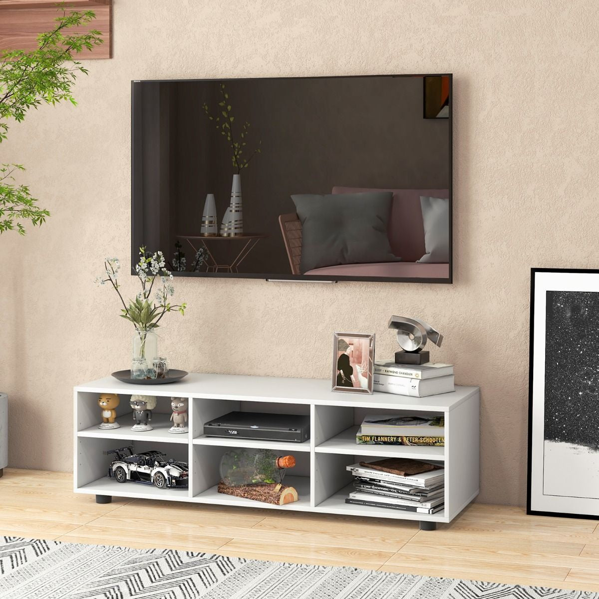 Meuble TV à 3 Niveaux avec 6 Compartiment Banc TV pour TV Jusqu'à 55 Pouces pour Salon Chambre 115 x 39 x 34,5cm Blanc