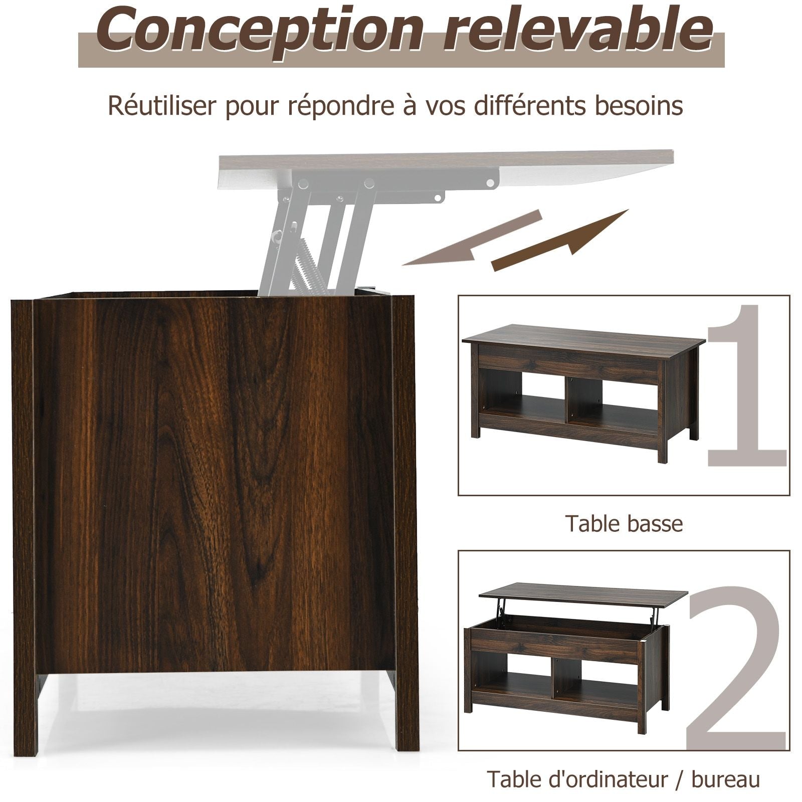 Table Basse avec Plateau Relevable avec Espace de Rangement Caché et Etagère Inférieur 109 x 47,5 x 50-63 cm Café