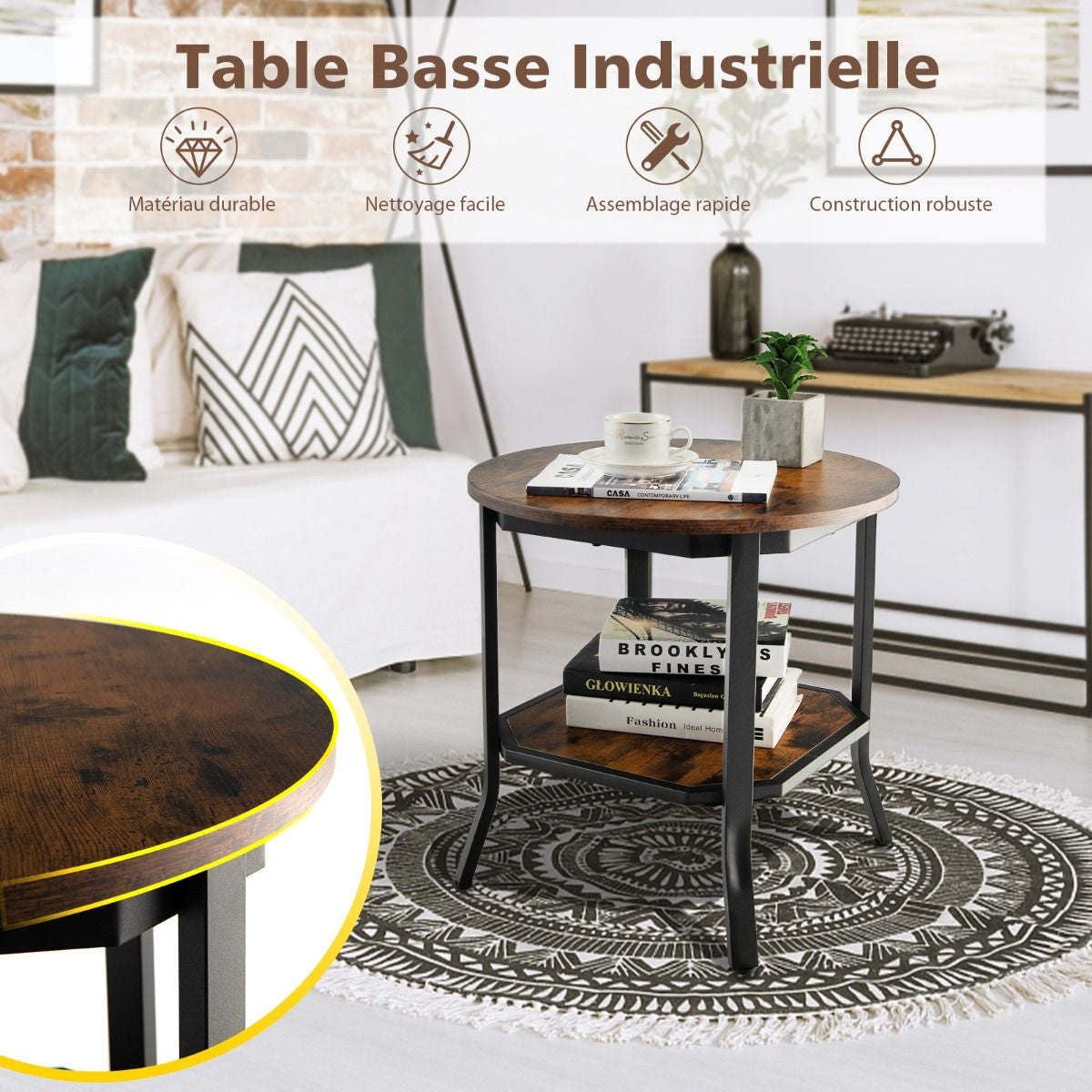 Table Basse Industrielle à 2 Niveaux Table d'Appoint Ronde avec Coussinets de Pied Réglables pour Salon Chambre Bureau