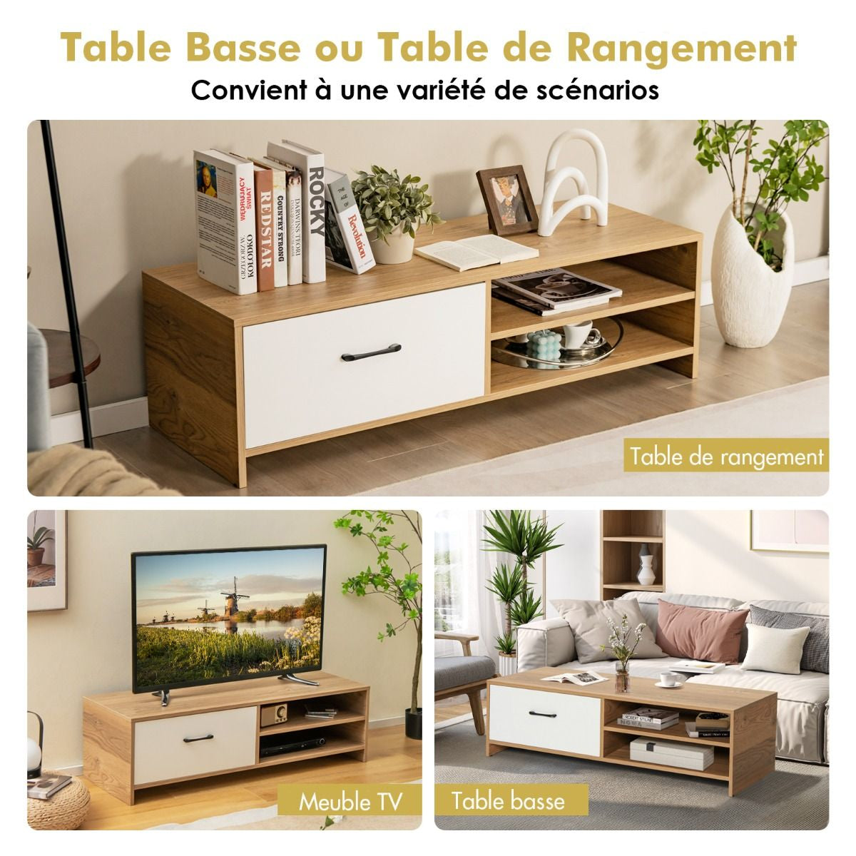 Meuble TV avec Tiroir et 2 Compartiments pour TV 55" au Max Banc TV en Bois 120 x 42 x 35cm