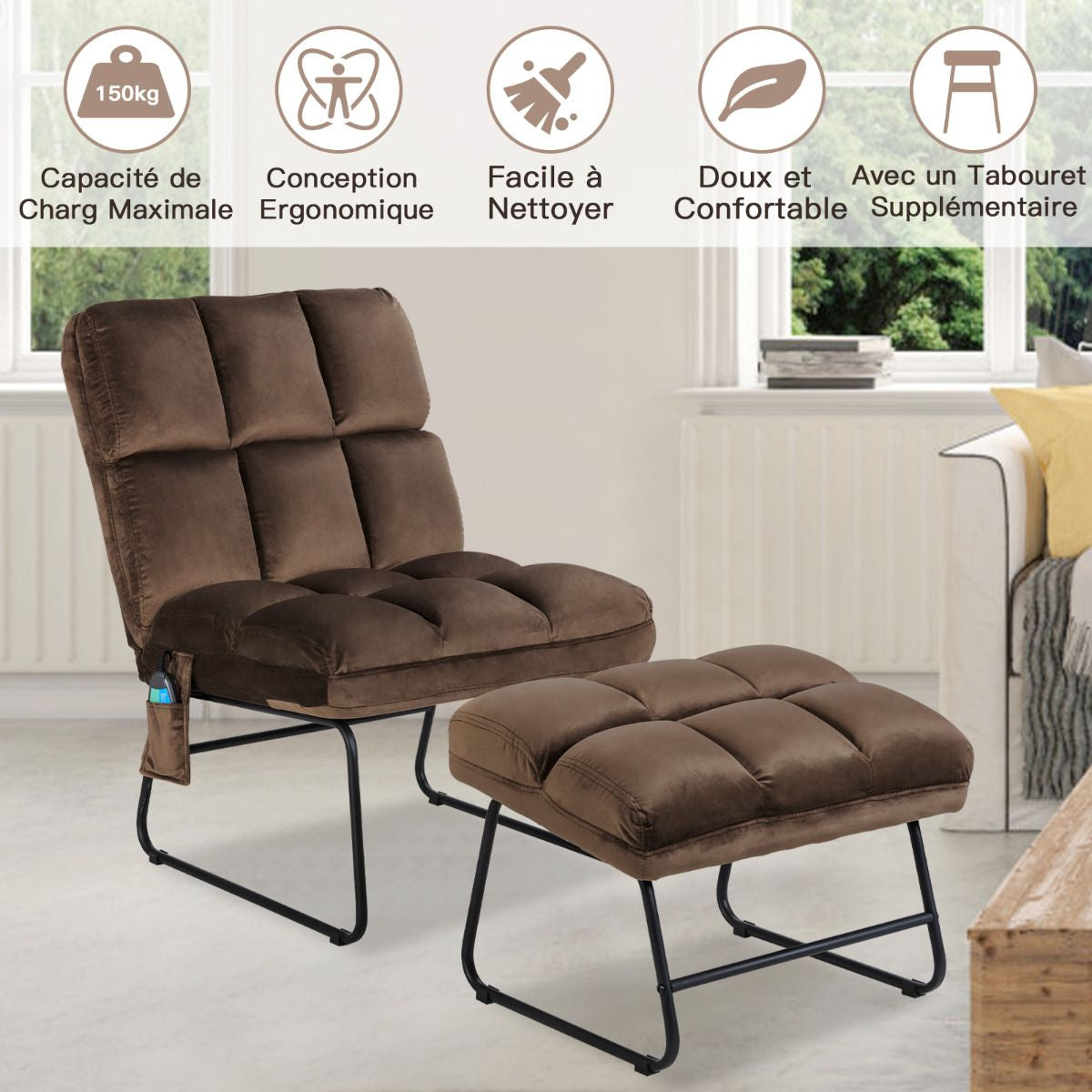 Fauteuil Relax 5 Modes de Massage en 4 Points sur Dos et Lombaire 2 Niveaux de Vibration en Velours  Marron