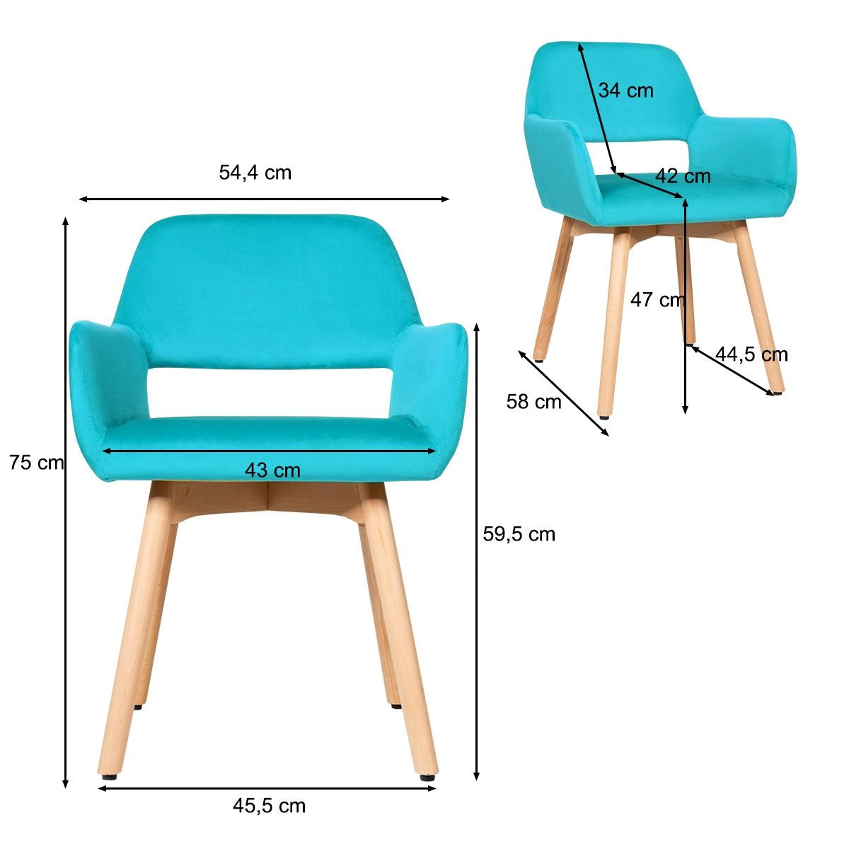 Lot de 2 Chaises avec Accoudoirs et Coussin Rembourré Chaises de Loisirs avec Pieds en Hêtre Bleu