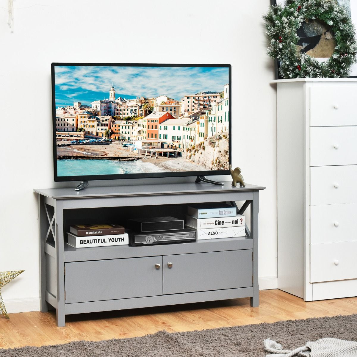 Meuble TV à 3 Niveaux avec Compartiment et Placard 2 Portes pour TV Jusqu'à 48 Pouces 112x40x61CM Charge Max 80KG Gris