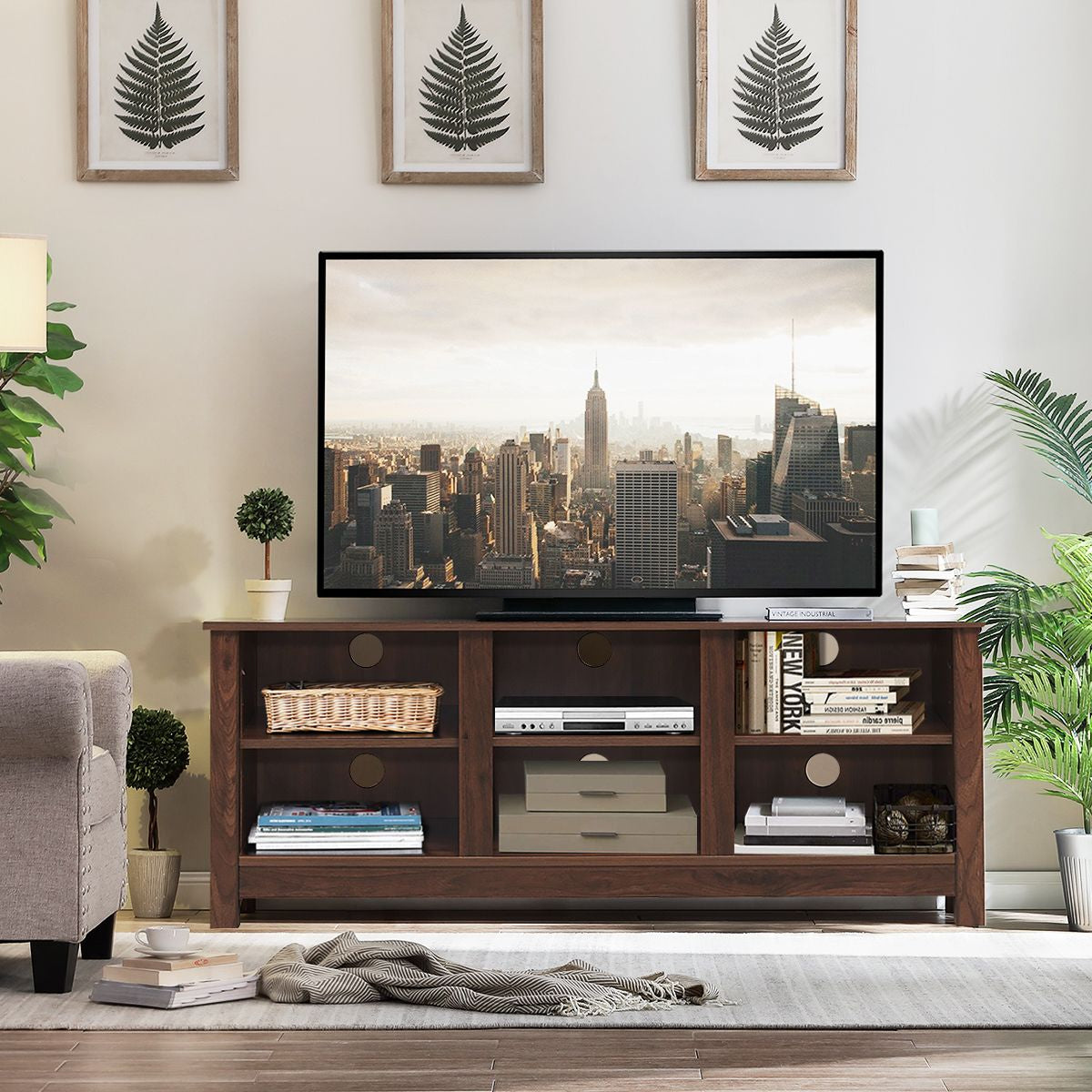 Meuble TV 135 x 39,5 x 54 cm avec 2 Etagères de Rangement Réglable Centre Multimédia Polyvalent pour Salon