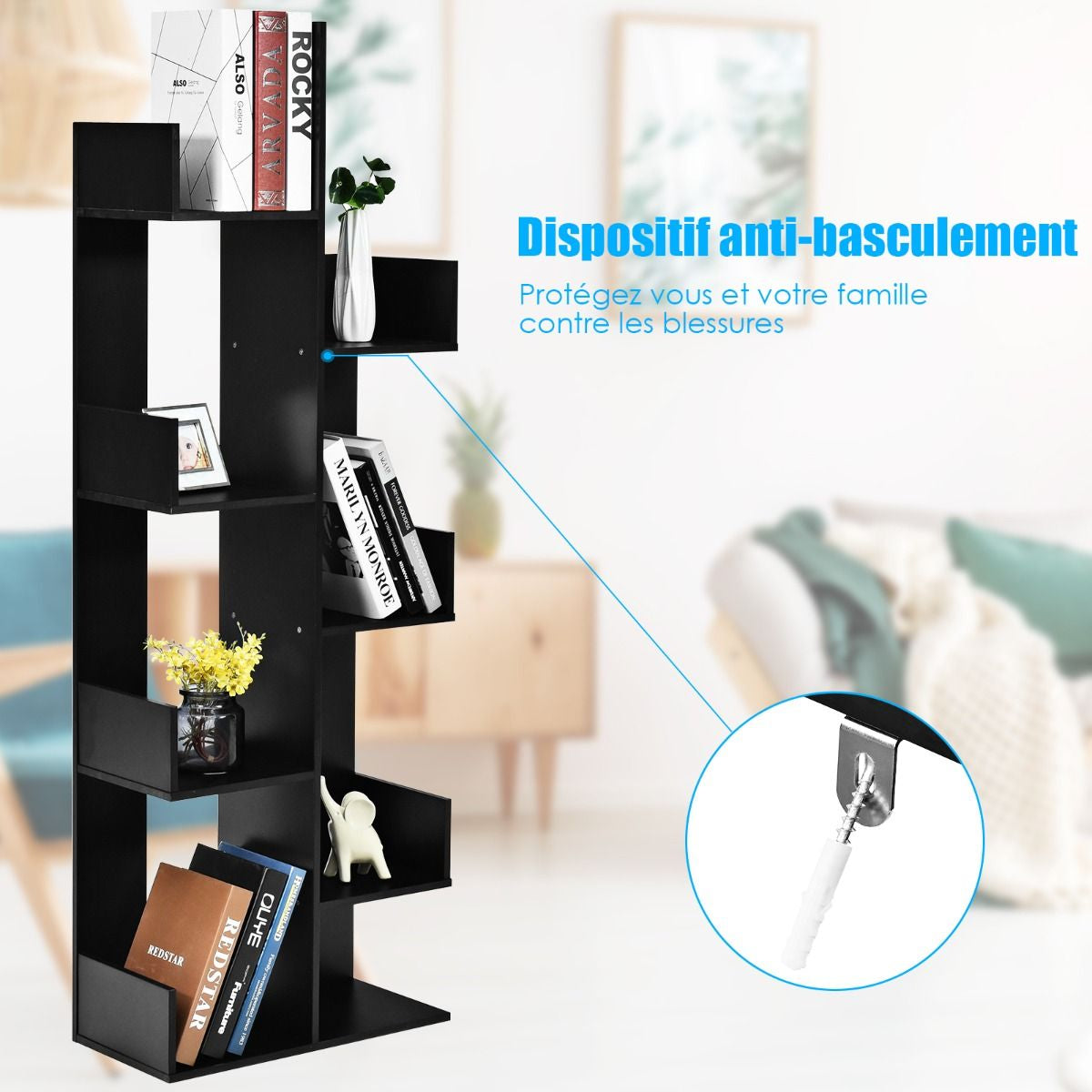 Bibliothèque Etagère Meuble de Rangement Polyvalent avec 8 Etagères Ouvertes Noir