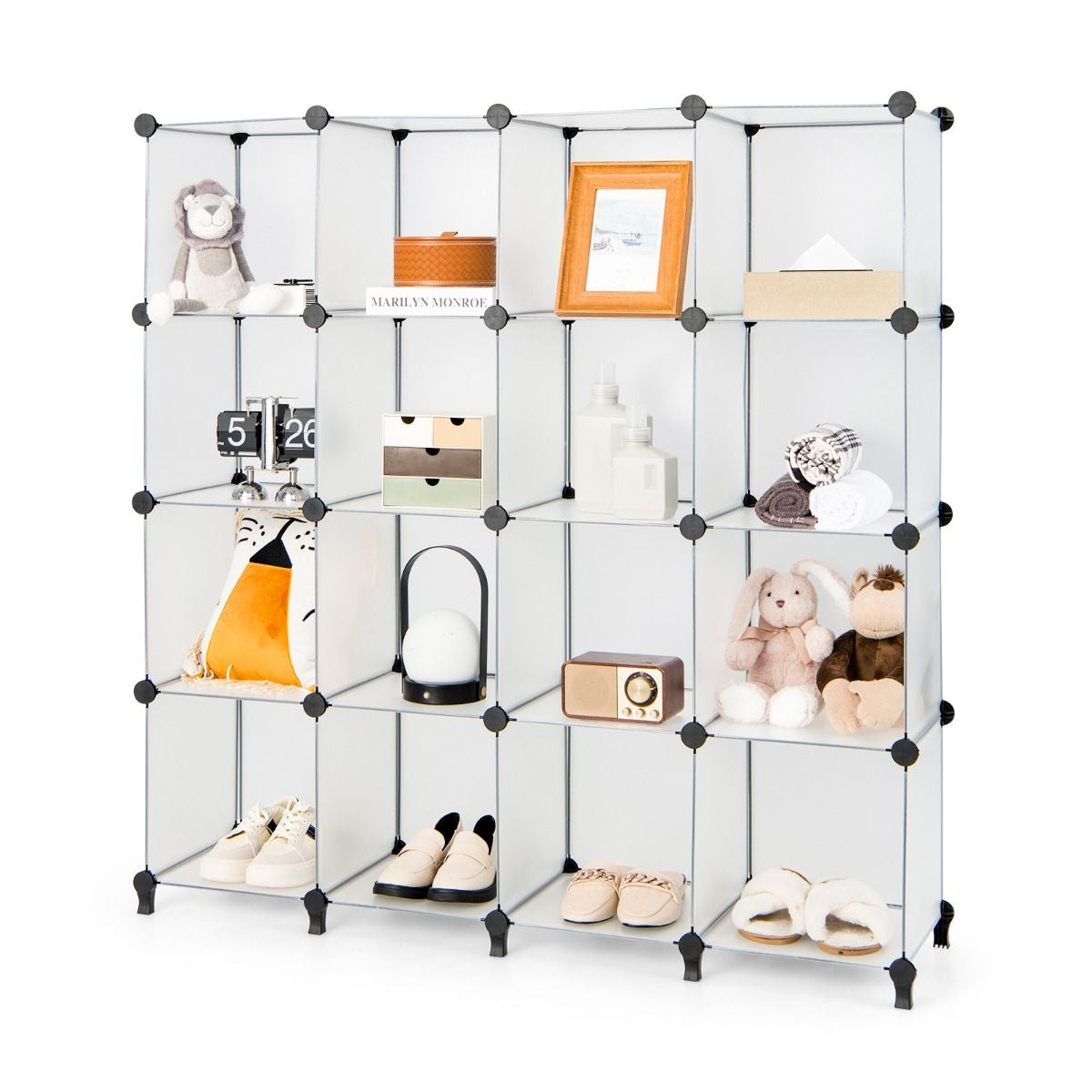 16 Cubes Armoire de Chambre Rangement avec Connecteurs ABS et Marteau Métallique Armoire Portable DIY Semi-transparent Blanc