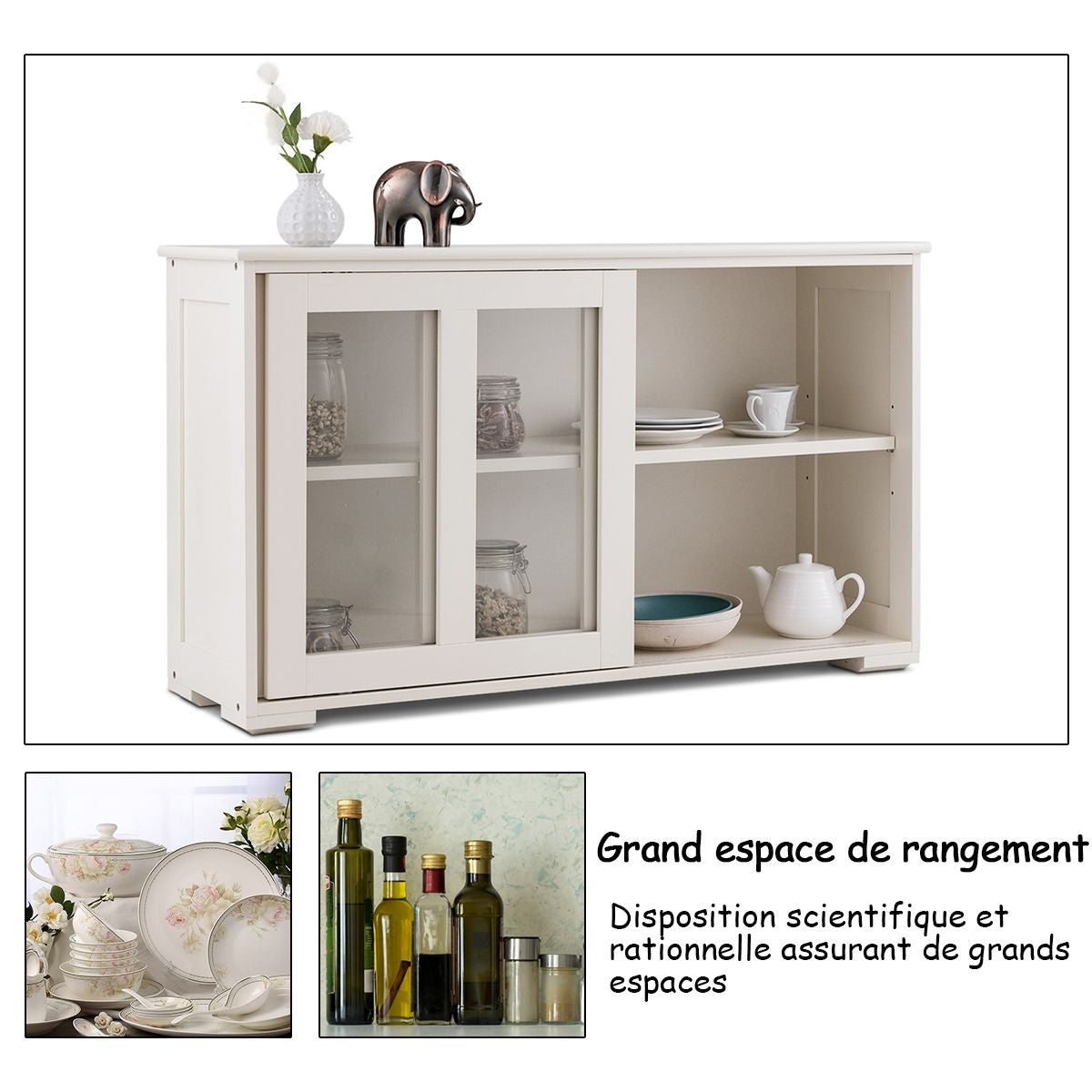 Buffet de Cuisine Commode Rangement Cuisine 2 Etagères avec 2 Porte Coulissantes Beige