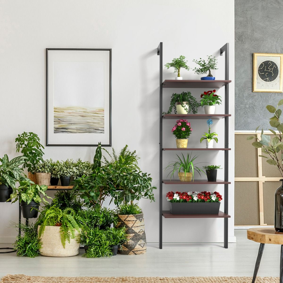 Etagère Echelle en MDF Noir avec 5 Niveaux Etagère de Rangement Marron