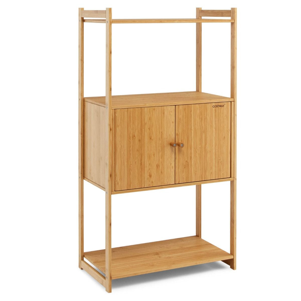 Meuble de Rangement en Bambou à 3 Niveaux 57,5 x 32 x 110 CM avec Grand compartiment à 2 Portes pour Cuisine Salon