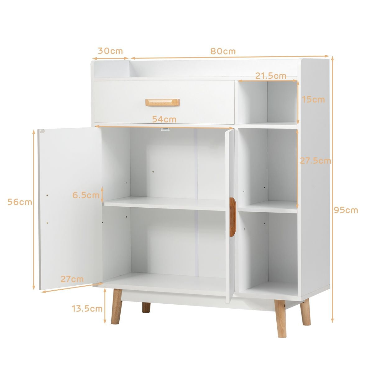 Meuble de Rangement Scandinave 1 Tiroir 2 Portes 3 Etagères 80 x 30 x 95 CM Blanc