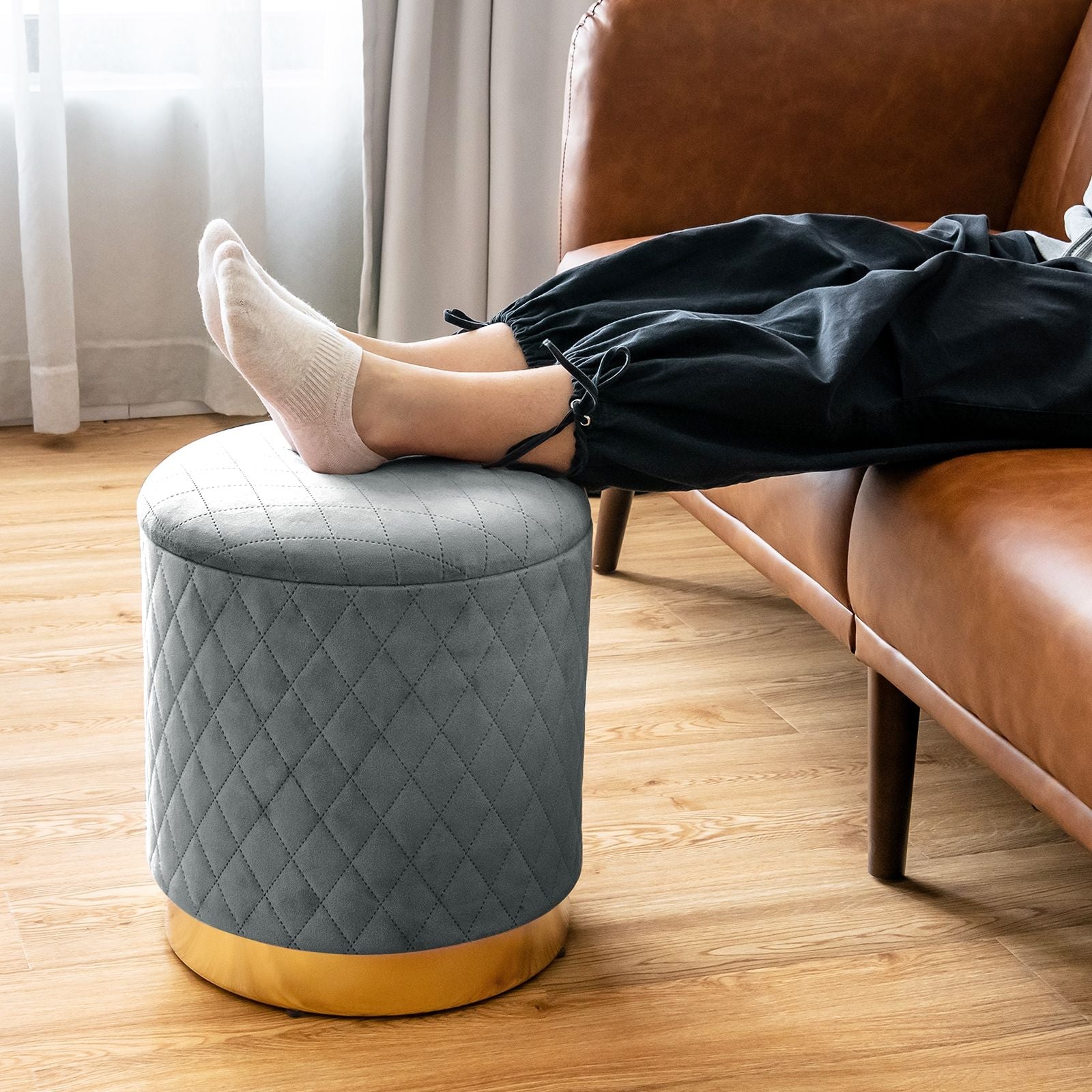 Pouf de Rangement Rond avec Base en métal Couvercle Détachable et Patins Anti-Rayurespour Salon Chambre Gris