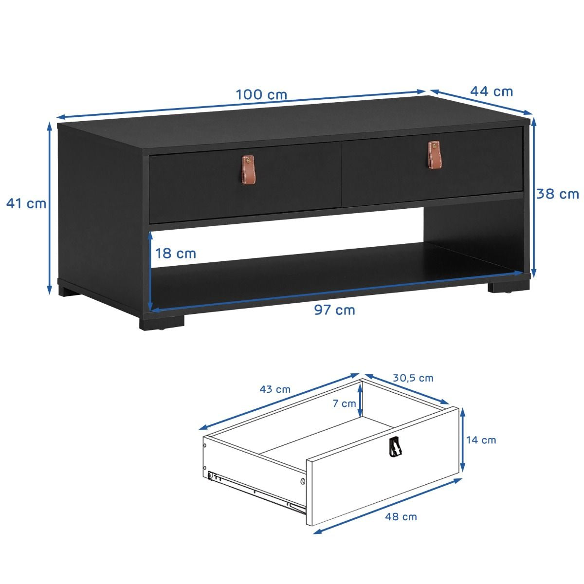 Table Basse Industrielle 100 x 44 x 41 cm (L x l x H) 2 Tiroirs et Étagère de Rangement Noir/Brun