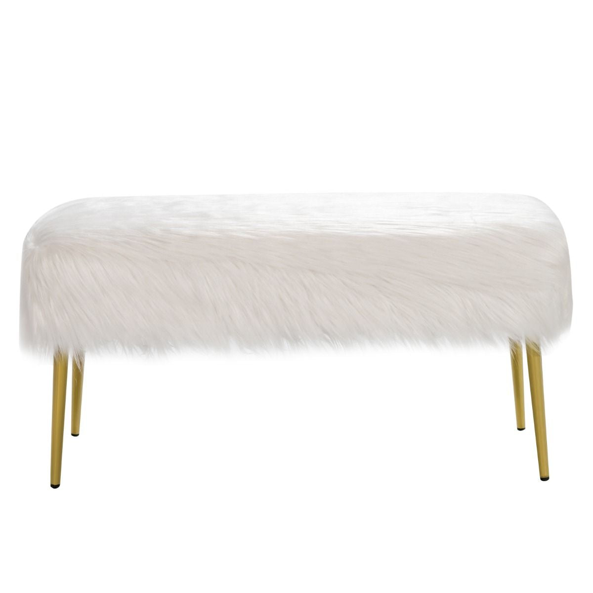 Banc en Fourrure Synthétique Pieds en Métal Doré Bout de Lit 91 x 35,5x 45,5 cm (L x l x H) Beige