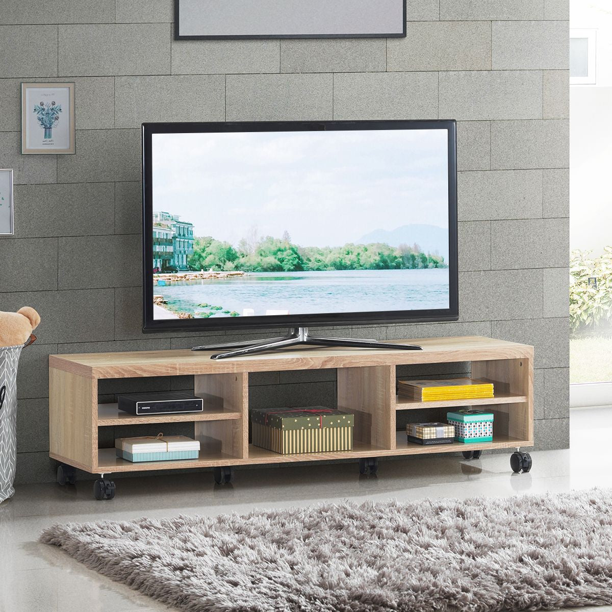 Meuble TV avec Roues Verrouillables 5 Etagères de Rangement Ouverts de Style Moderne pour TV Jusqu'à 55'' en MDF