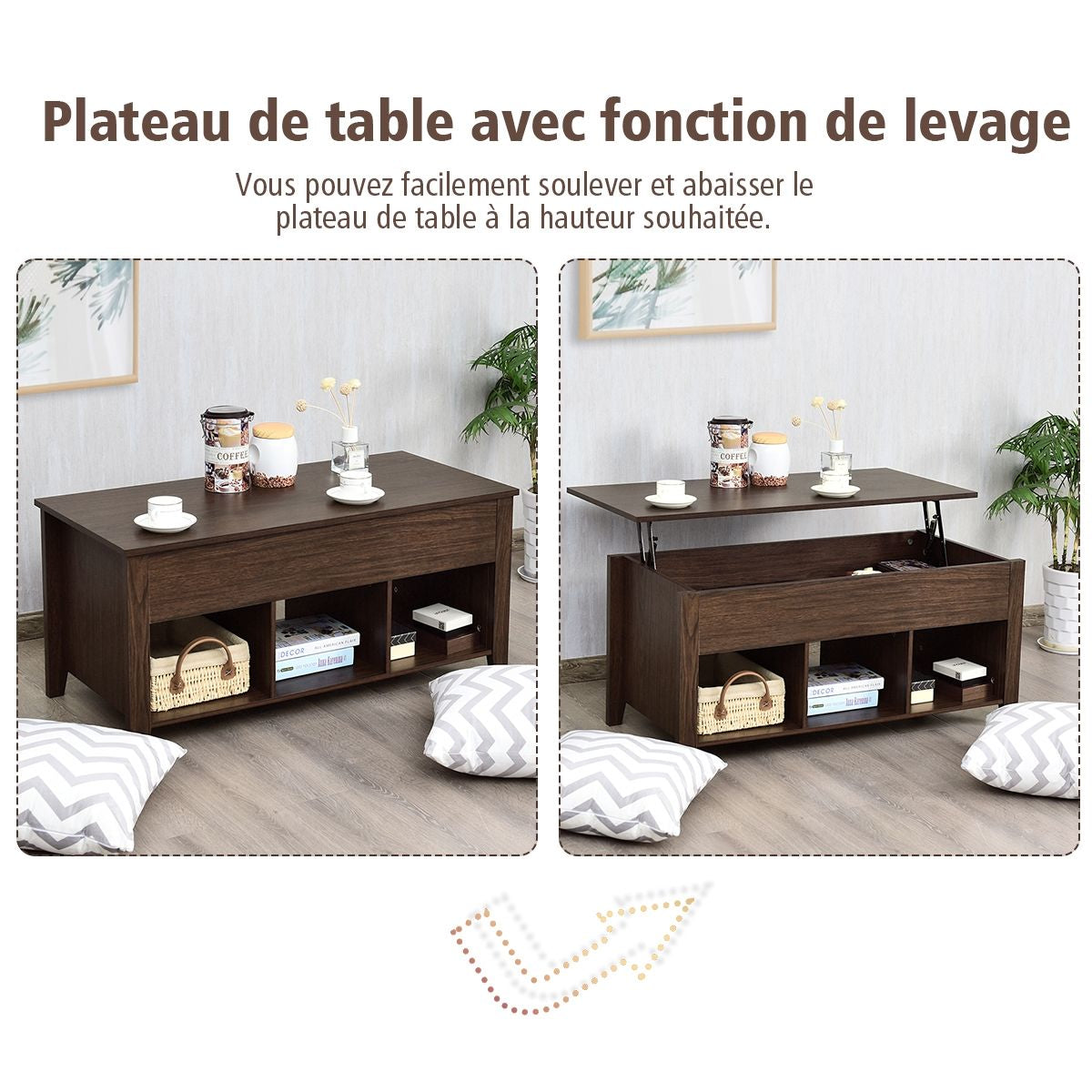 Table Basse avec Plateau Relevable Marron Table de Salon Carré avec Trois Compartiments Design Contemporain