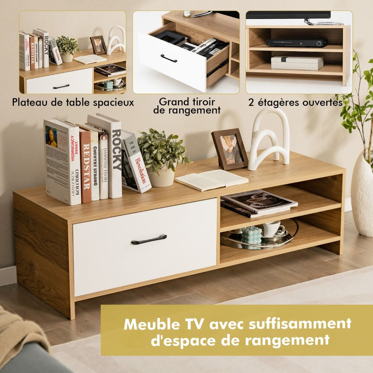 Meuble TV avec Tiroir et 2 Compartiments pour TV 55" au Max Banc TV en Bois 120 x 42 x 35cm