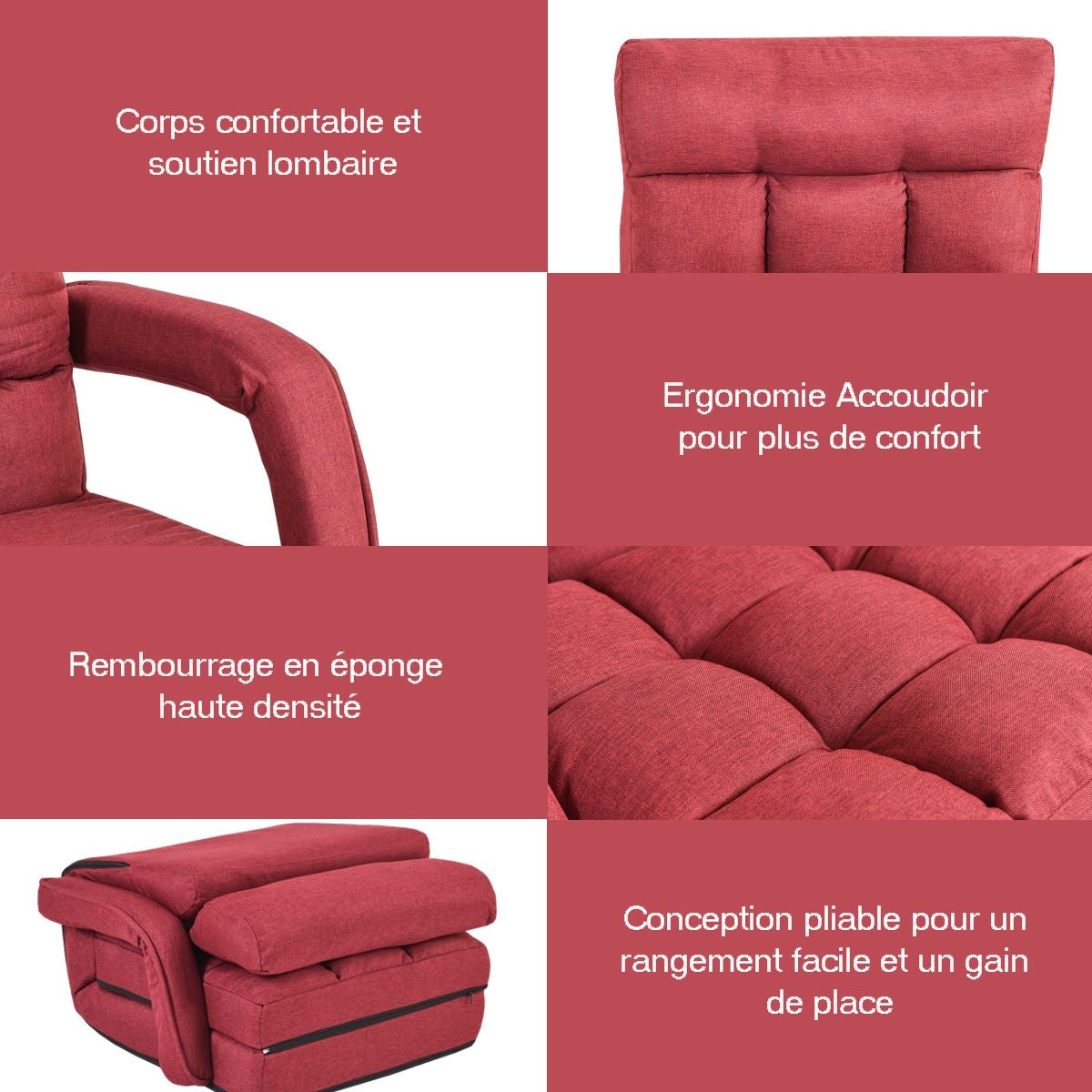 Fauteuil Convertible Chauffeuse Convertible 1 Place en Tissu avec Oreiller 5 Positions Rouge