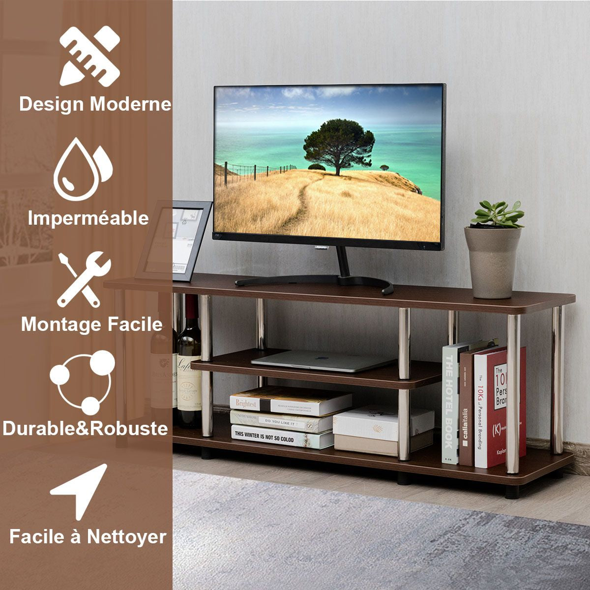 Meuble/Banc TV à 3 Niveaux 111 x 29,5 x 40 CM Table Basse avec Pieds en Acier Inoxydable et Coussinets Antidérapants Café