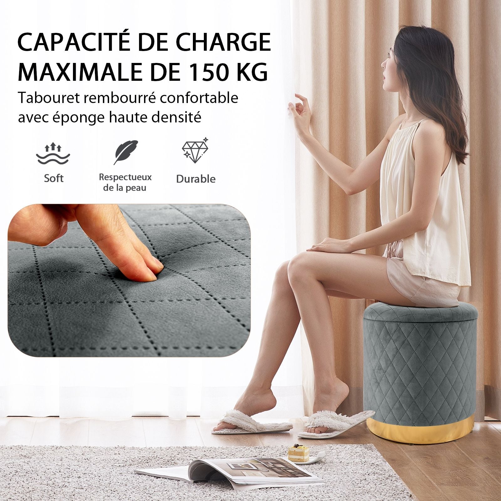 Pouf de Rangement Rond avec Base en métal Couvercle Détachable et Patins Anti-Rayurespour Salon Chambre Gris